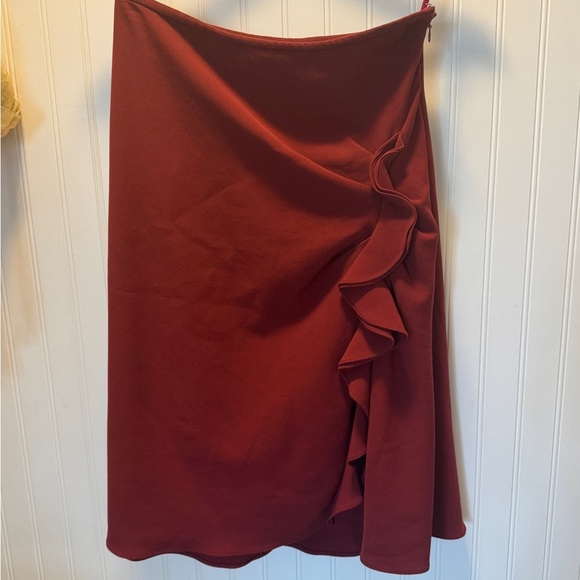 PRABAL GURUNG | Collective ruffle slitted midi skirt Dark Red | Sz 6 - Picture 6 of 8
